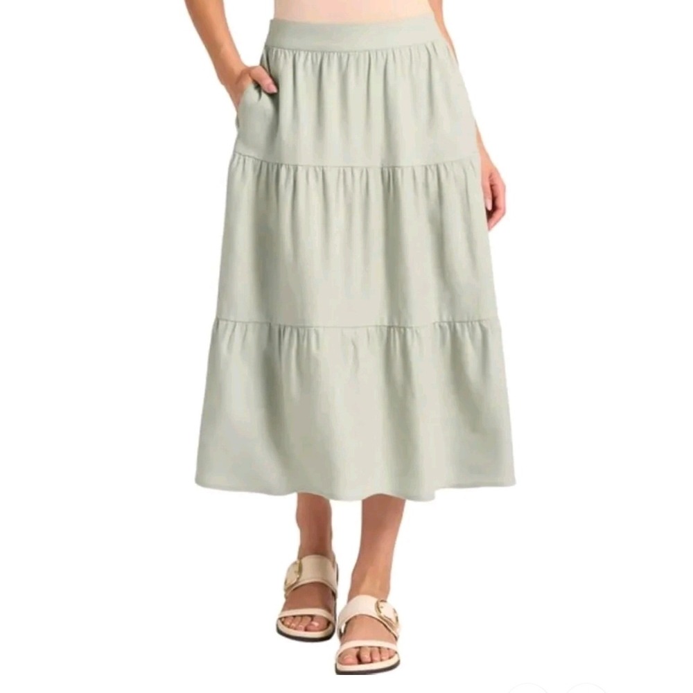 Matty M Midi Skirt Medium Light Green Tiered Linen Blend Pockets Cottagecore NWT